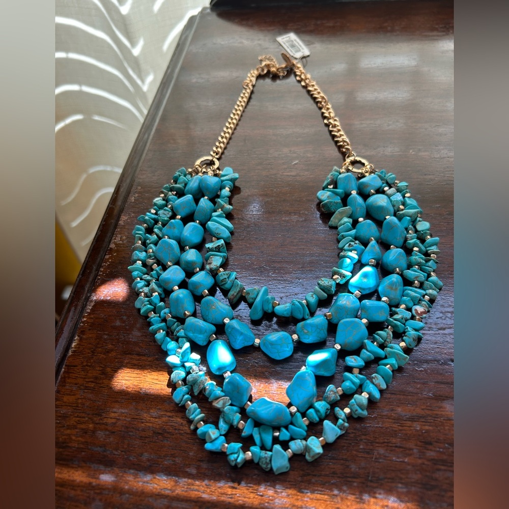 Natasha Gold & Turquoise Beaded 5 Strand Necklace w/Real Stones Big Bold NWT